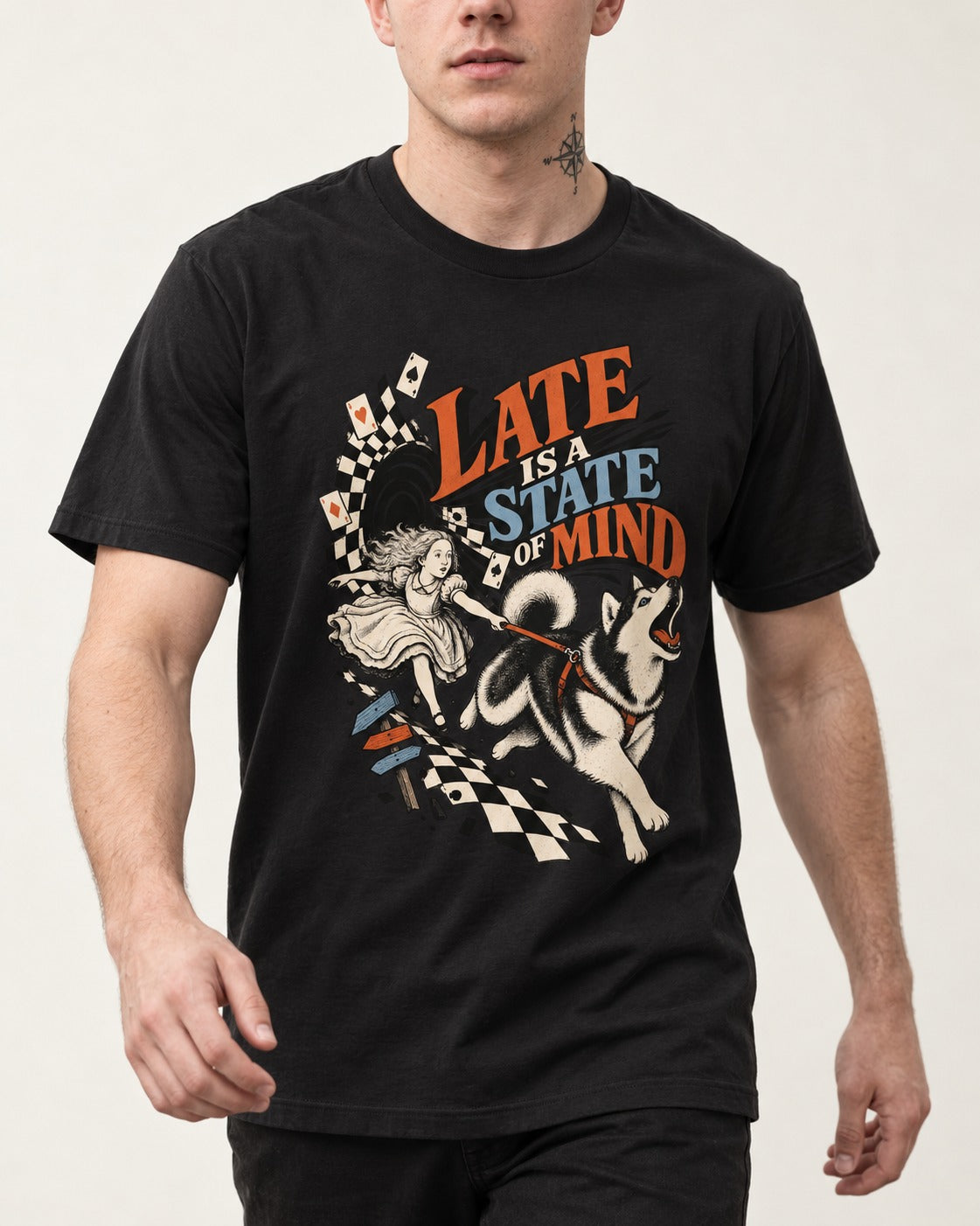Husky Late Is a State of Mind Wonderland Chase Graphic T-Shirt in Black, worn by a model, front view
