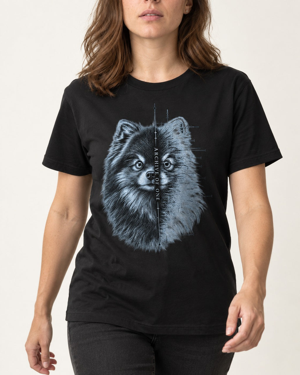 Pomeranian Archive of One Split Portrait Graphic T-Shirt in Black, worn by a model, front view