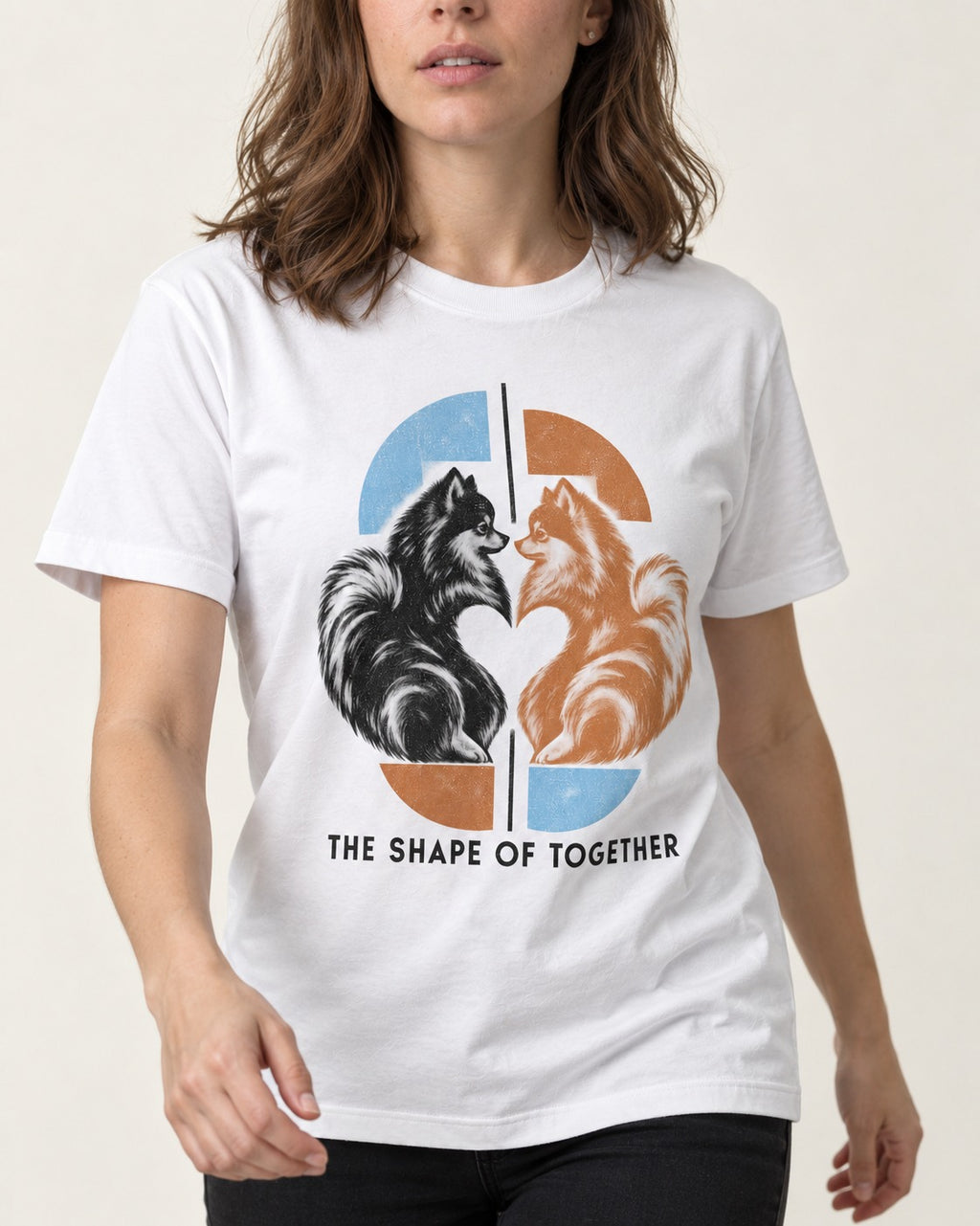 Pomeranian The Shape of Together T-Shirt in White, worn by a model, front view