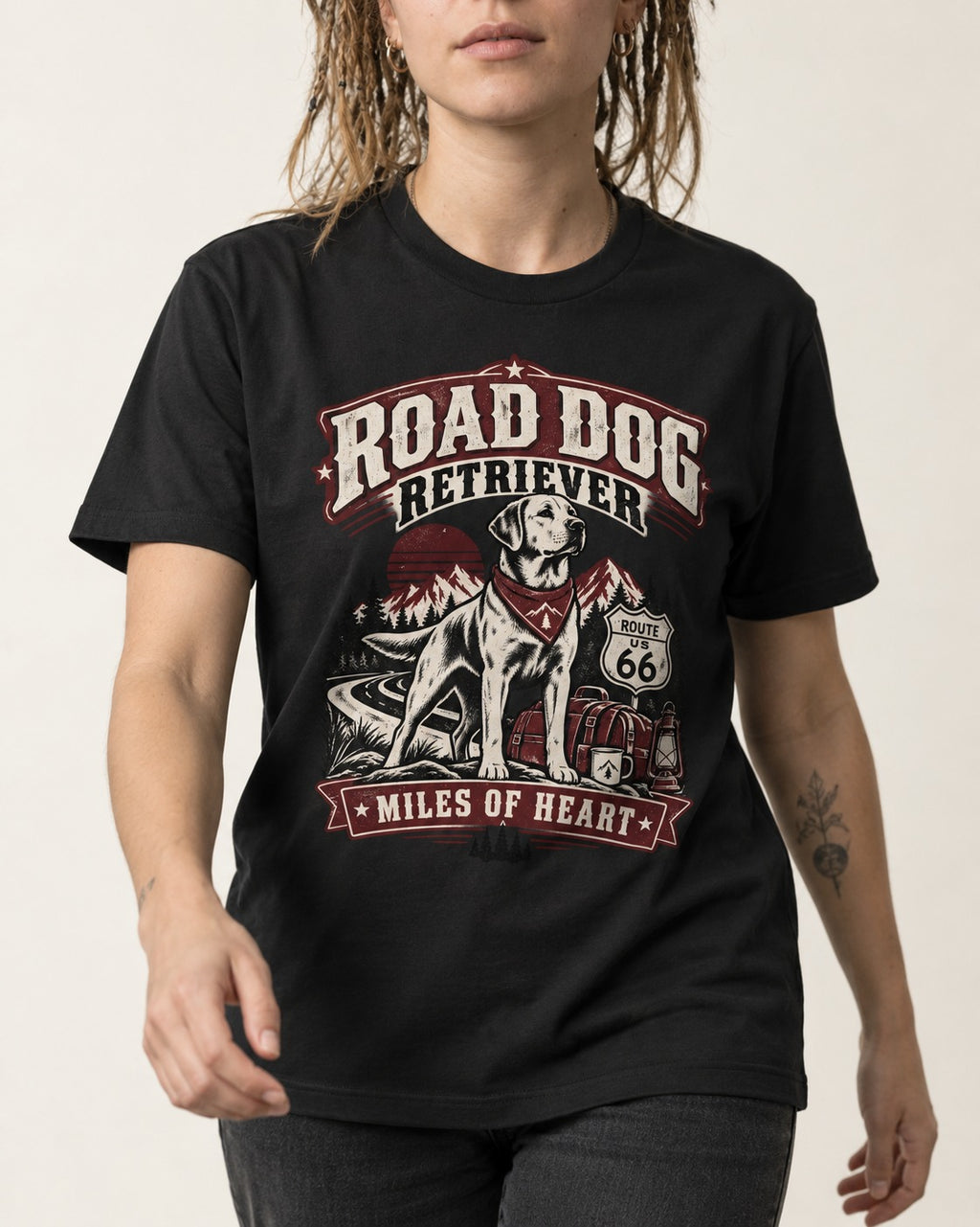 Labrador Retriever Road Dog Miles of Heart Route 66 Graphic T-Shirt in Black, worn by a model, front view