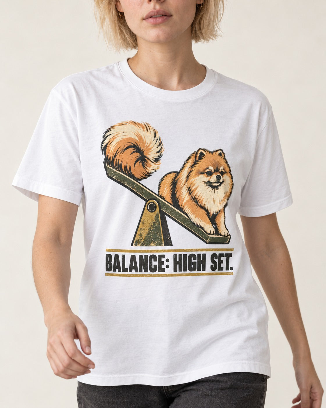Pomeranian Balance High Set T-Shirt in White, worn by a model, front view