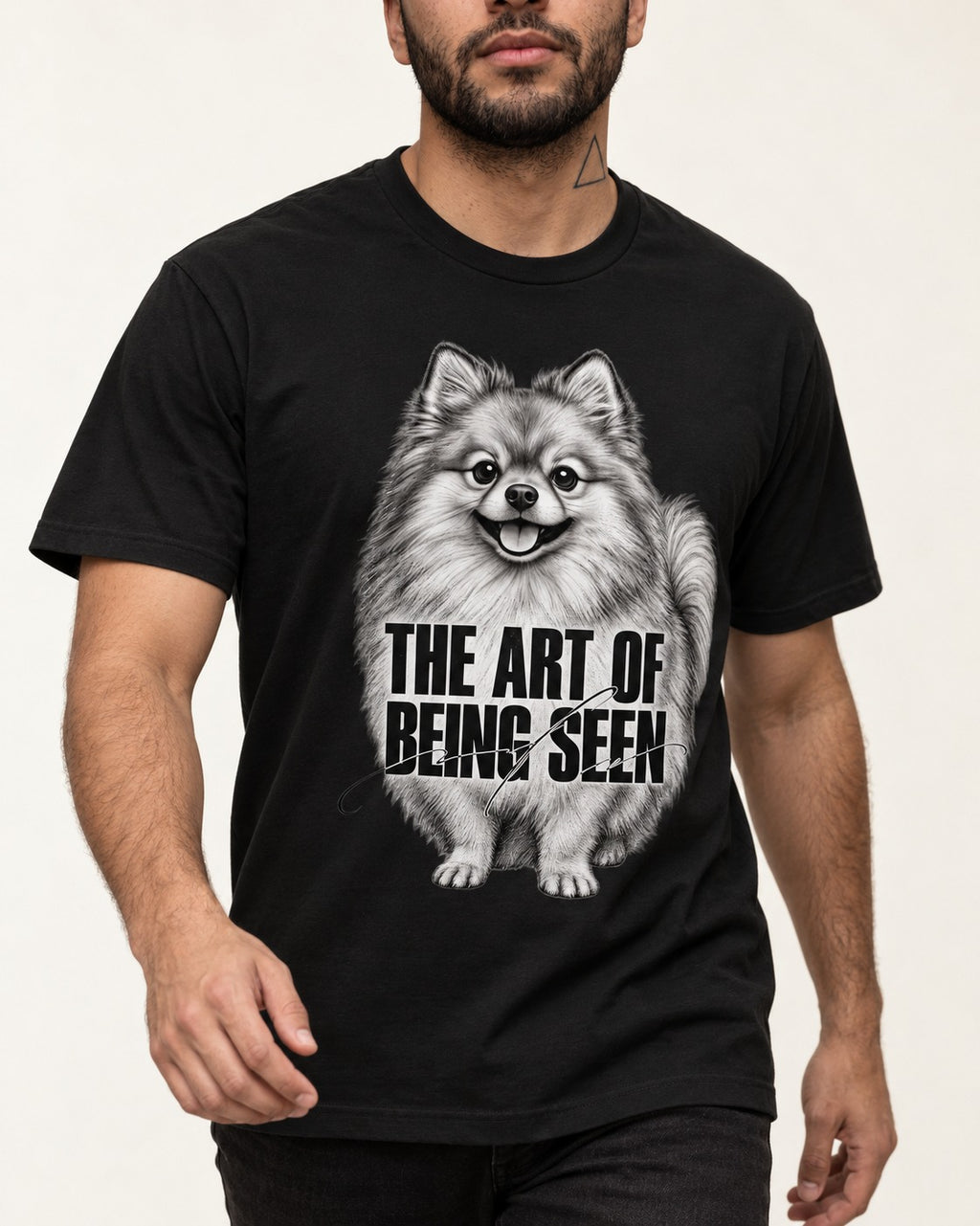 Pomeranian The Art of Being Seen Portrait Graphic T-Shirt in Black, worn by a model, front view