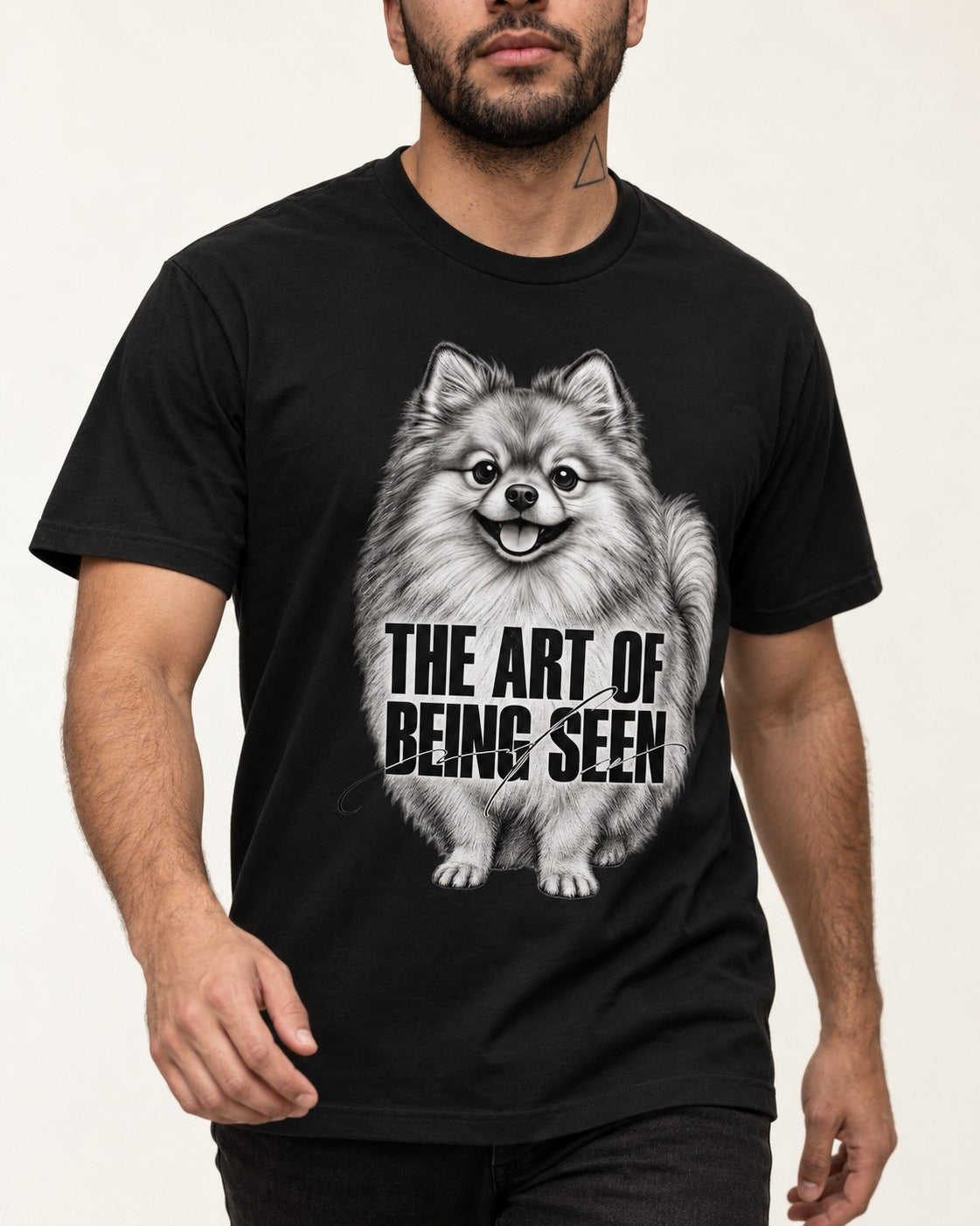 Pomeranian The Art of Being Seen Portrait Graphic T-Shirt in Black, worn by a model, front view