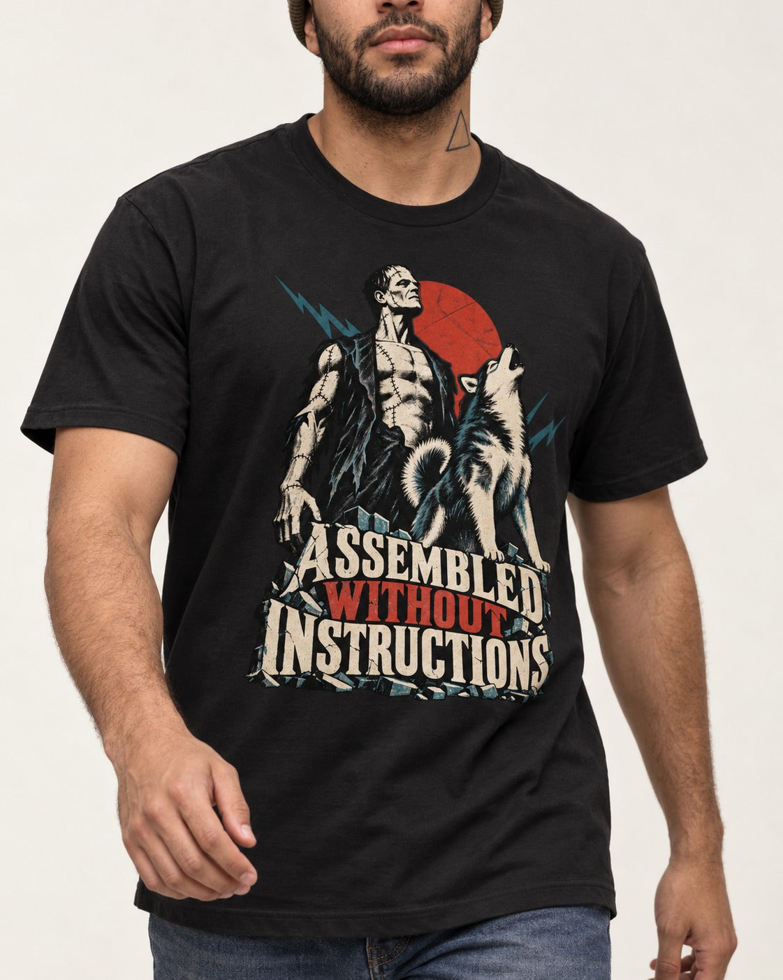 Husky Assembled Without Instructions Frankenstein Graphic T-Shirt in Black, worn by a model, front view