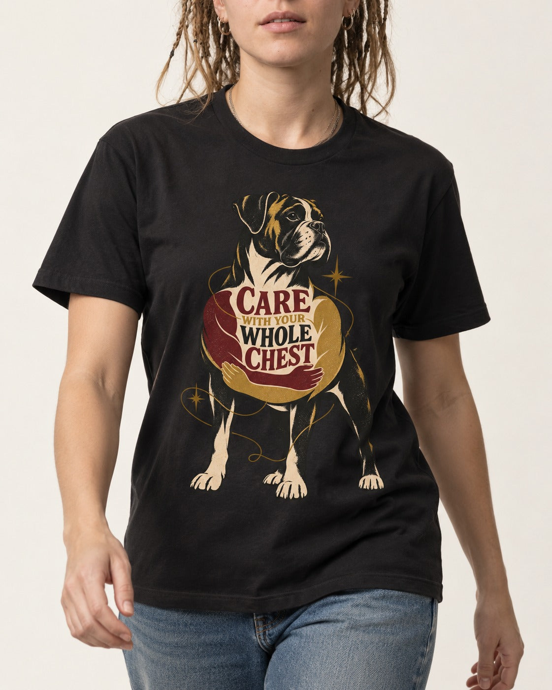 Boxer Care With Your Whole Chest T-Shirt in Black, worn by a model, front view