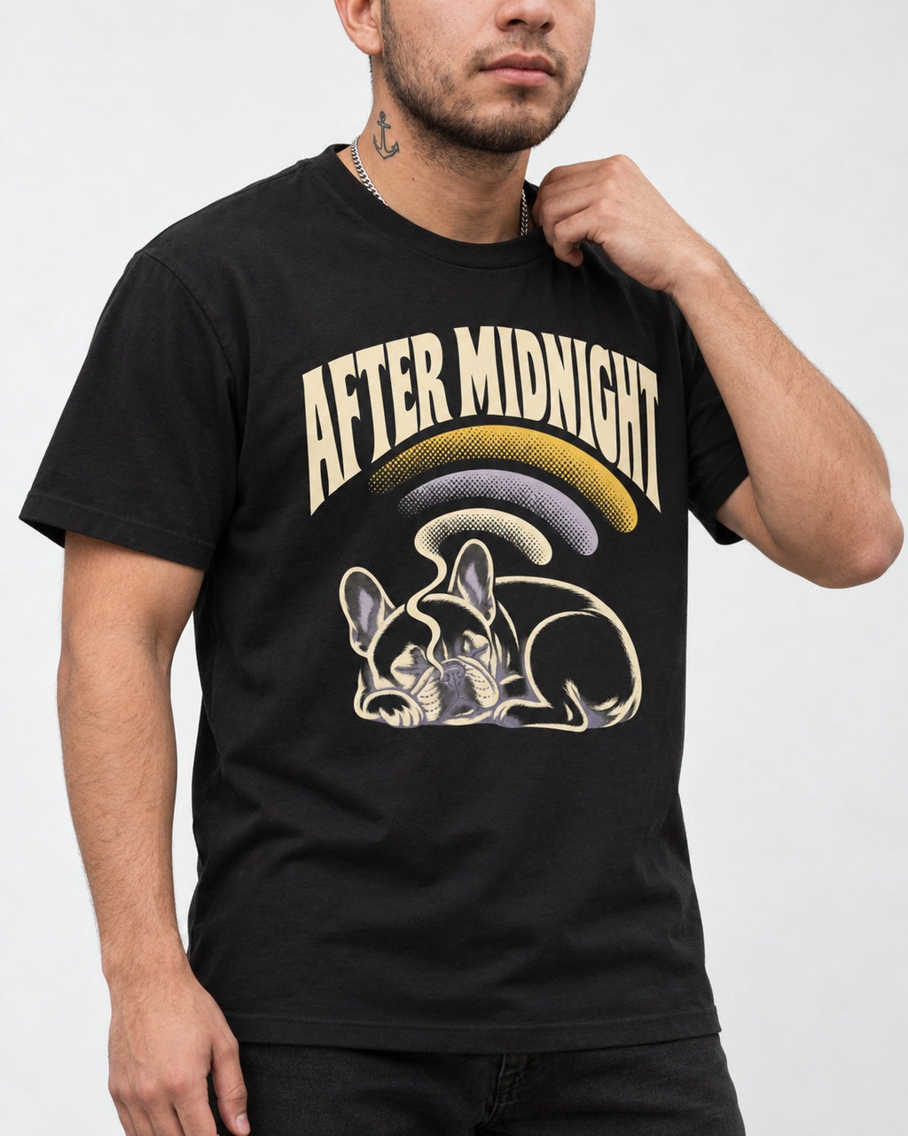 Frenchie After Midnight Sleeping Graphic T-Shirt in Black, worn by a model, front view