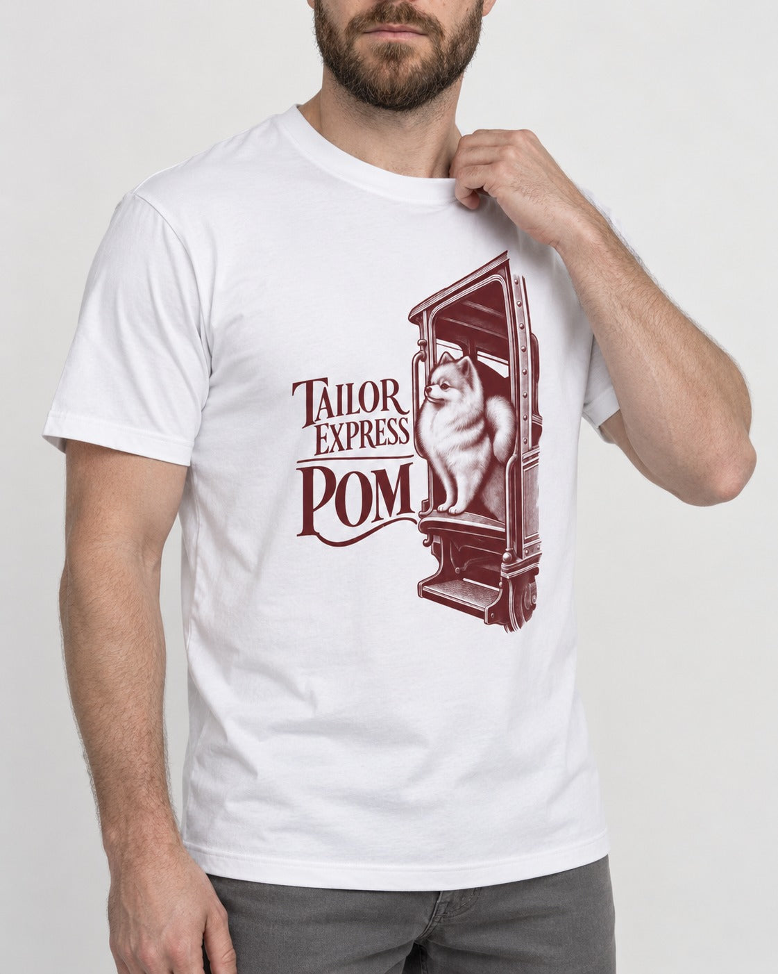 Pomeranian Express T-Shirt in White, worn by a model, front view