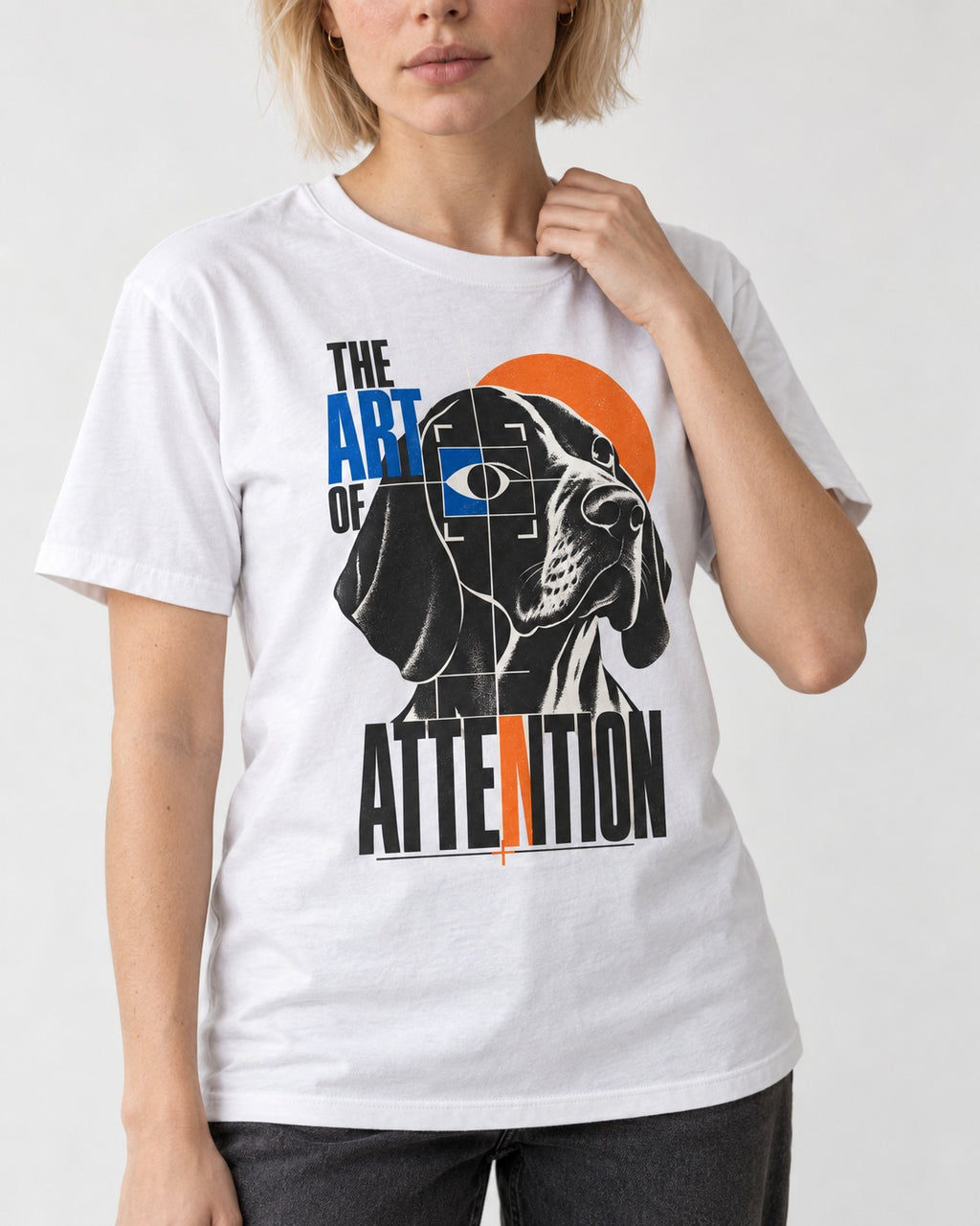 German Shorthaired Pointer Attention T-Shirt in White, worn by a model, front view