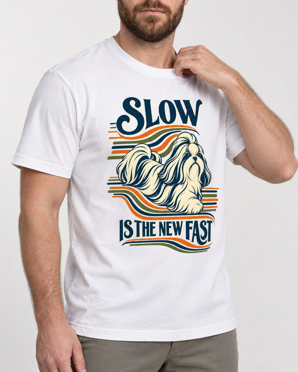 Slow Is Fast Shih Tzu T-Shirt in White, worn by a model, front view