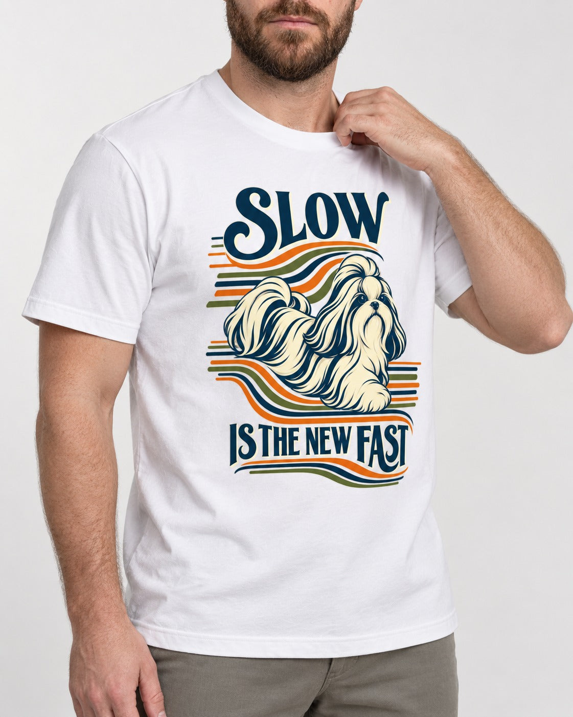 Slow Is Fast Shih Tzu T-Shirt in White, worn by a model, front view