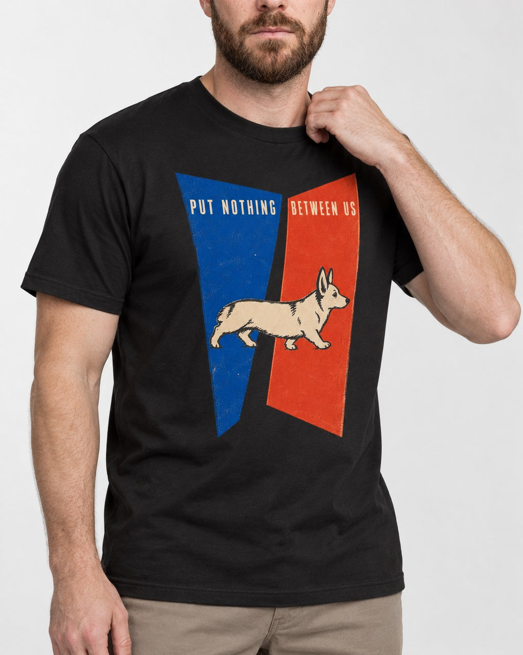 Corgi Put Nothing Between Us Split Panels T-Shirt in Black, worn by a model, front view