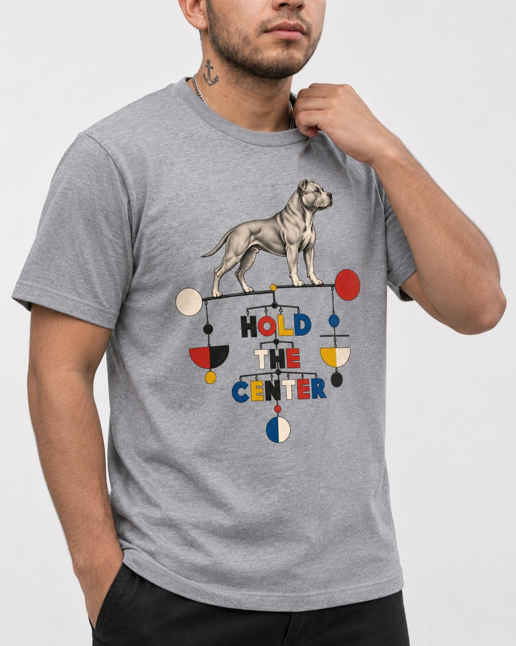 Pitbull Hold the Center Balance Mobile Graphic T-Shirt in Sport Grey, worn by a model, front view