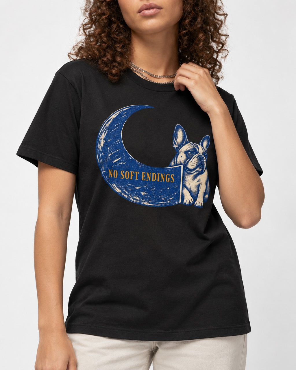 Frenchie No Soft Endings Crescent Graphic T-Shirt in Black, worn by a model, front view