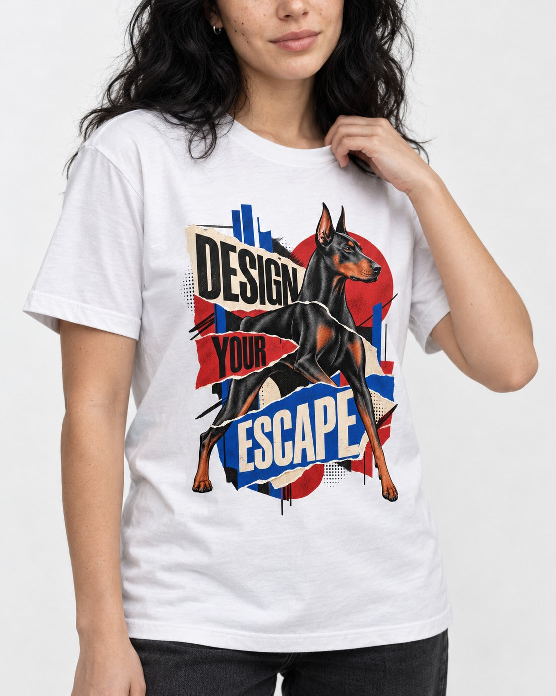 Doberman Escape T-Shirt in White, worn by a model, front view