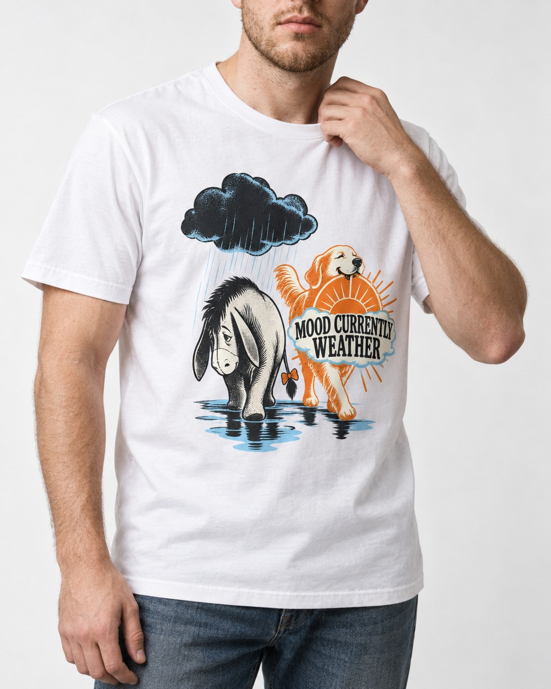 Mood Currently Golden Retriever Weather T-Shirt in White, worn by a model, front view