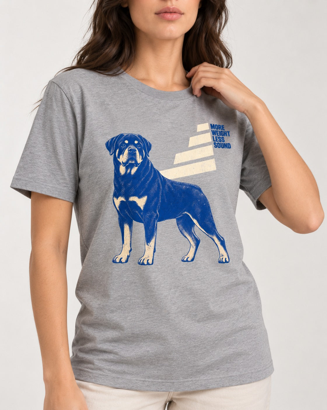 Rottweiler More Weight Less Sound Stair Step Graphic T-Shirt in Sport Grey, worn by a model, front view