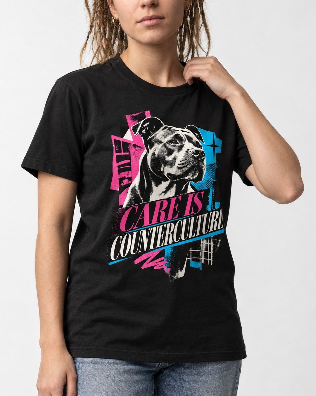 Pitbull Care Is Counterculture Neon Collage Portrait Graphic T-Shirt in Black, worn by a model, front view