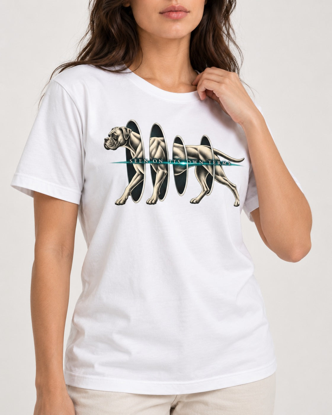 Boxer On Its Own Terms T-Shirt in White, worn by a model, front view