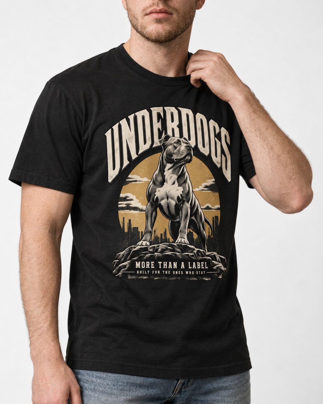 Pitbull Underdogs City Monument Graphic T-Shirt in Black, worn by a model, front view