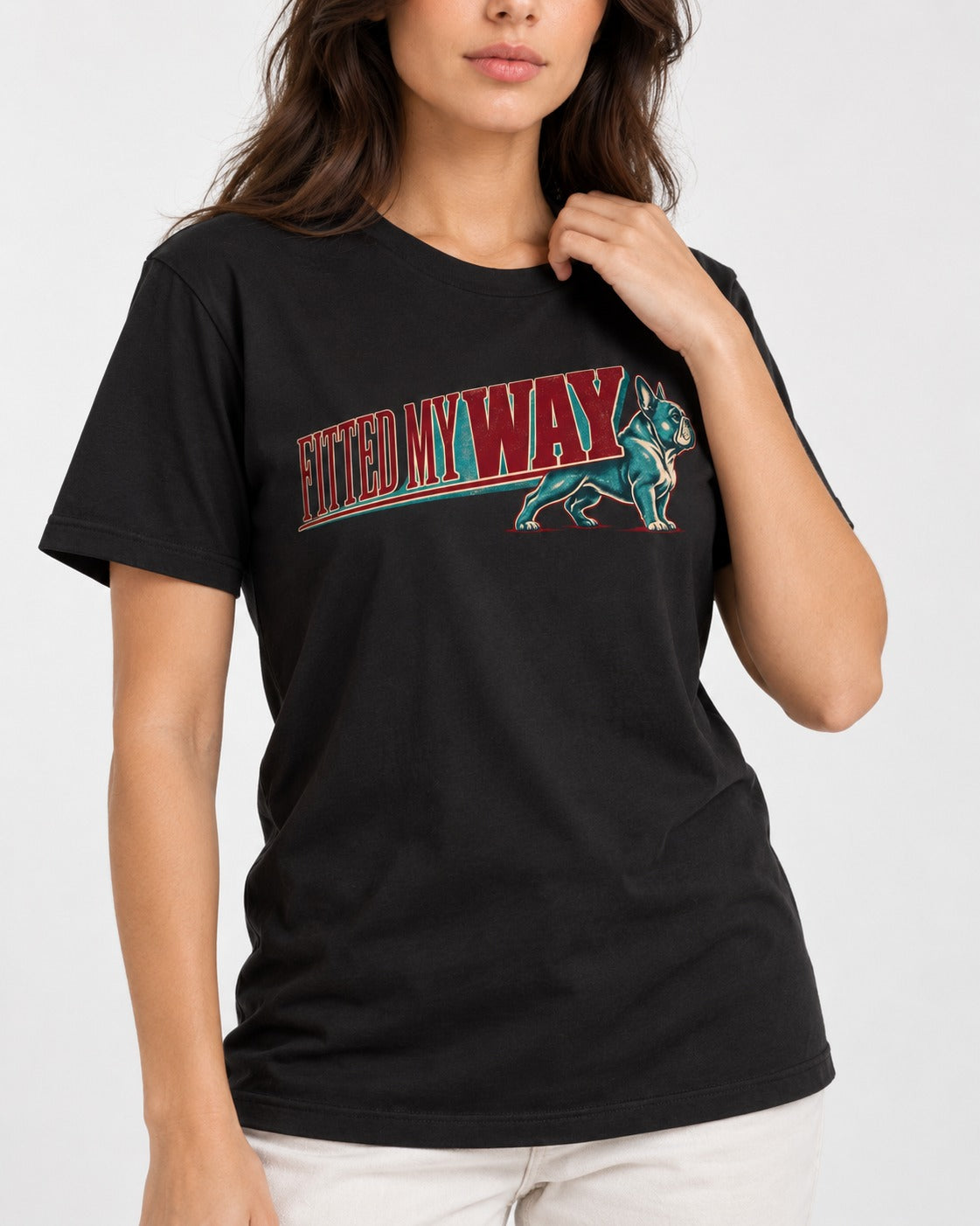 Frenchie Fitted My Way Collegiate Graphic T-Shirt in Black, worn by a model, front view
