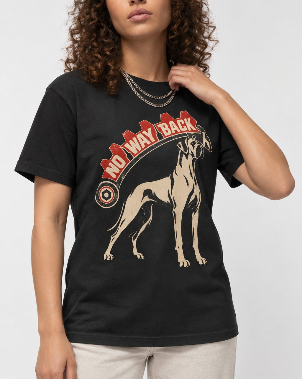 Great Dane No Way Back Arrow Graphic T-Shirt in Black, worn by a model, front view