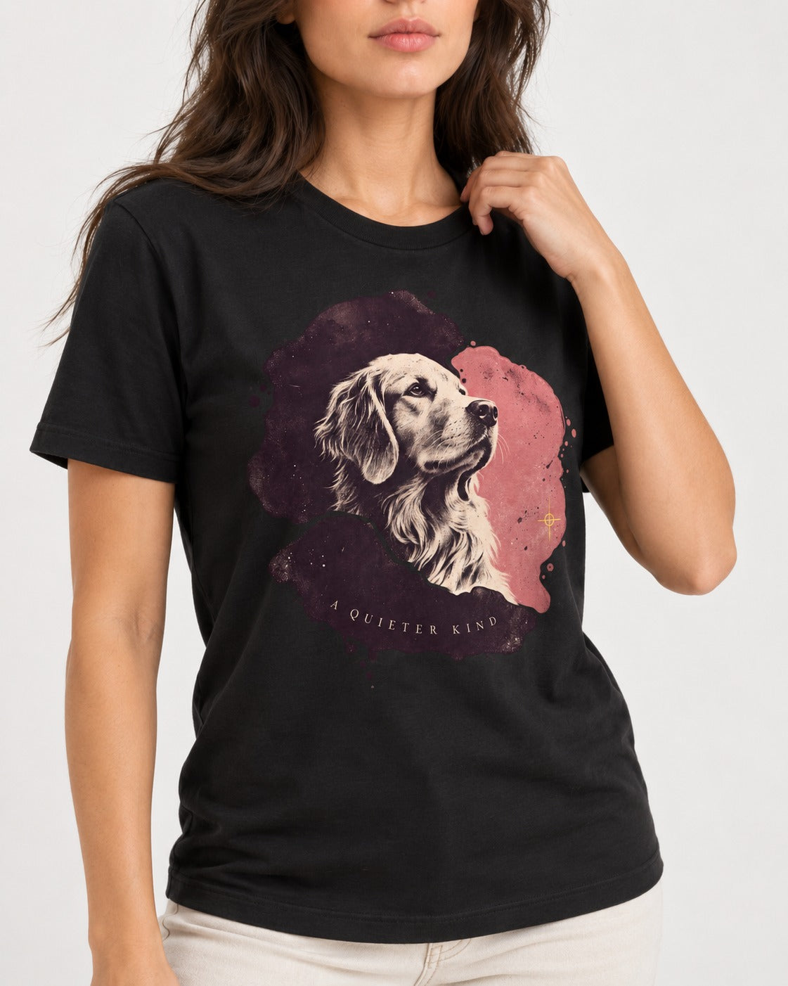 Golden Retriever A Quieter Kind Ink Wash Portrait Graphic T-Shirt in Black, worn by a model, front view
