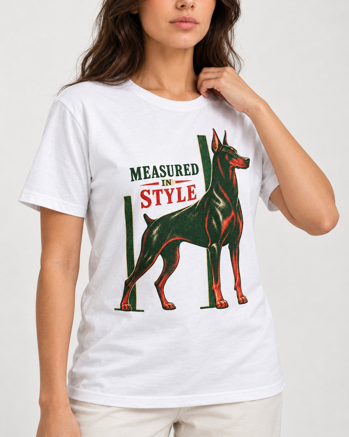 Measured in Doberman T-Shirt in White, worn by a model, front view