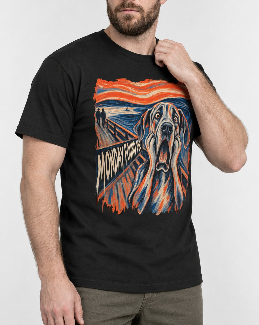 Great Dane Monday Found Me Scream Parody Graphic T-Shirt in Black, worn by a model, front view