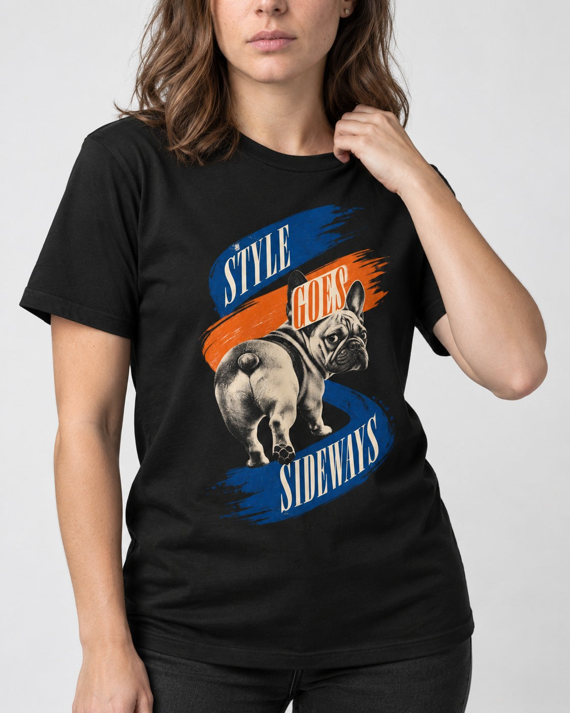 Frenchie Style Goes Sideways Graphic T-Shirt in Black, worn by a model, front view