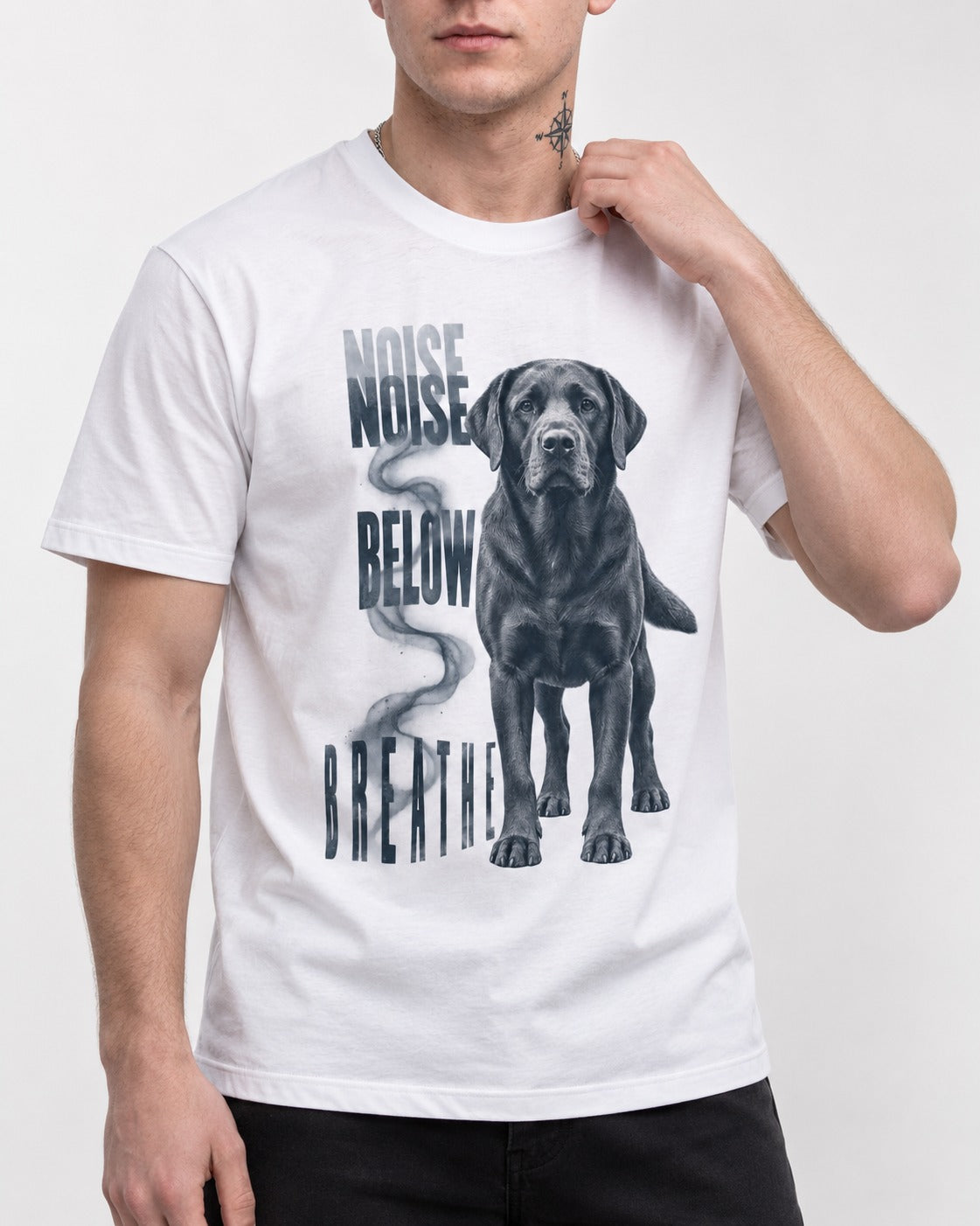 Labrador Retriever Breathe Below the Noise T-Shirt in White, worn by a model, front view