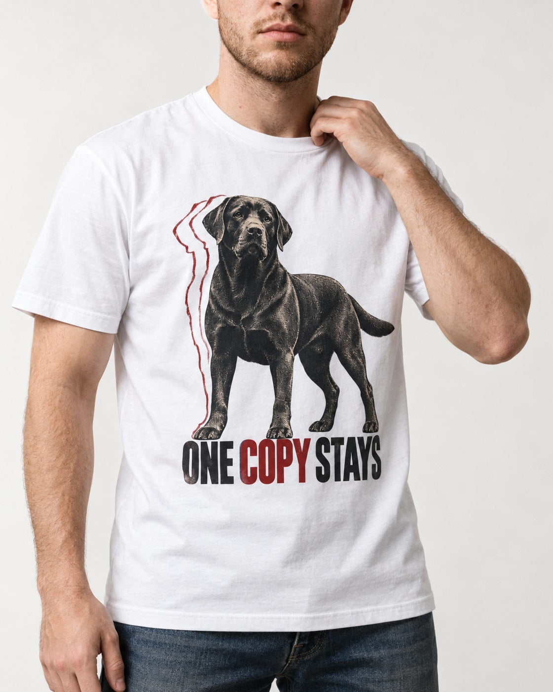 One Copy Stays Labrador Retriever T-Shirt in White, worn by a model, front view