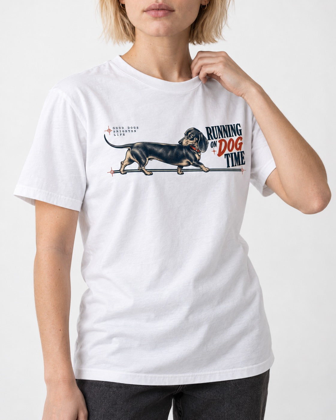 Dachshund Lengthens Life T-Shirt in White, worn by a model, front view
