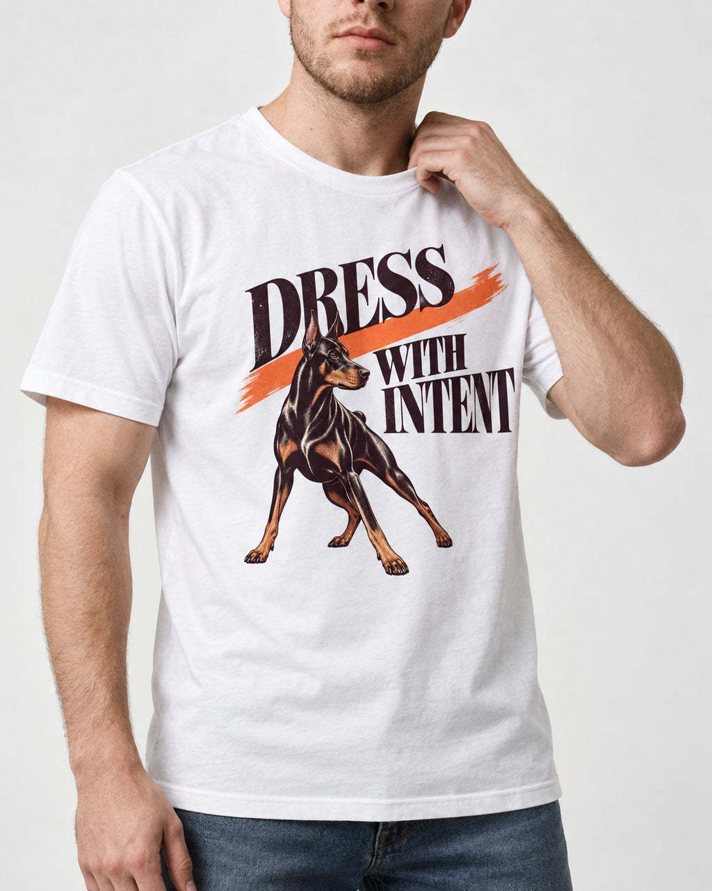 Doberman Dress with Intent T-Shirt in White, worn by a model, front view