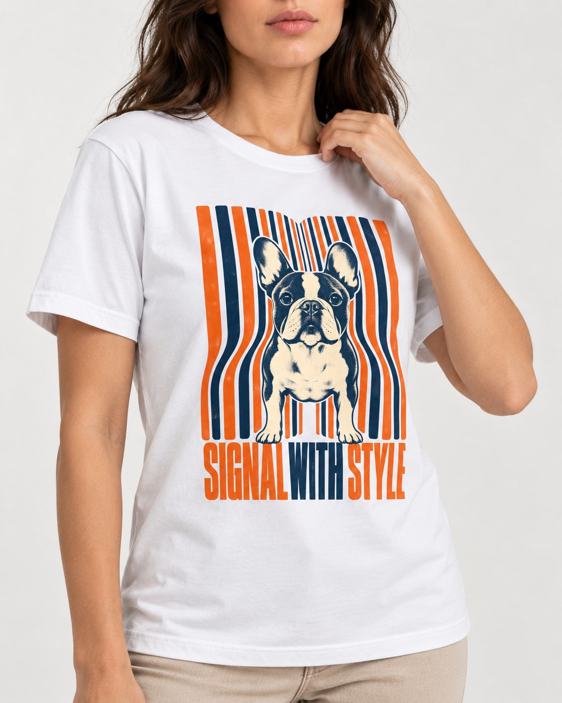Frenchie Signal T-Shirt in White, worn by a model, front view