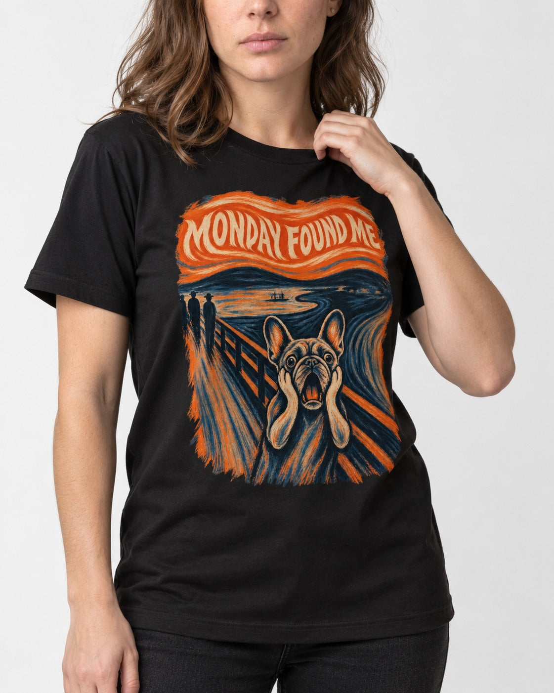 Frenchie Monday Found Me Scream Graphic 194 T-Shirt in Black, worn by a model, front view
