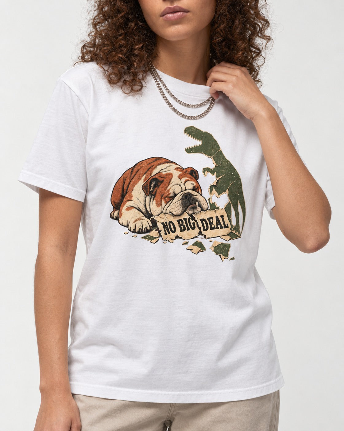 English Bulldog No Big Deal T-Shirt in White, worn by a model, front view