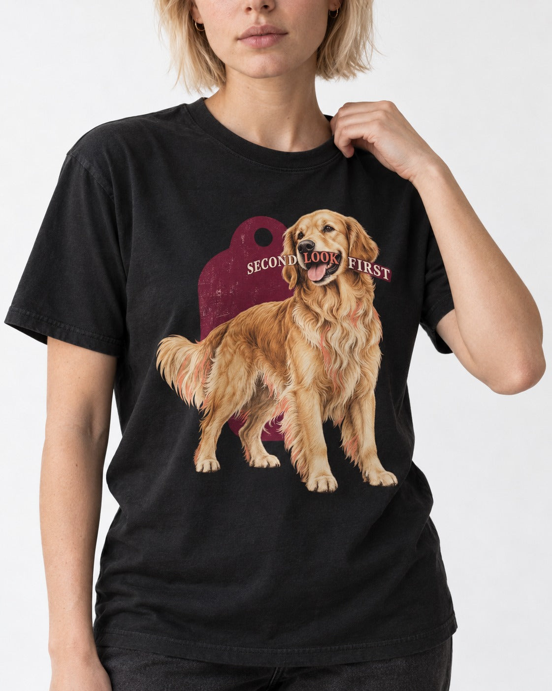 Golden Retriever Second Look First Tag Portrait Graphic T-Shirt in Black, worn by a model, front view