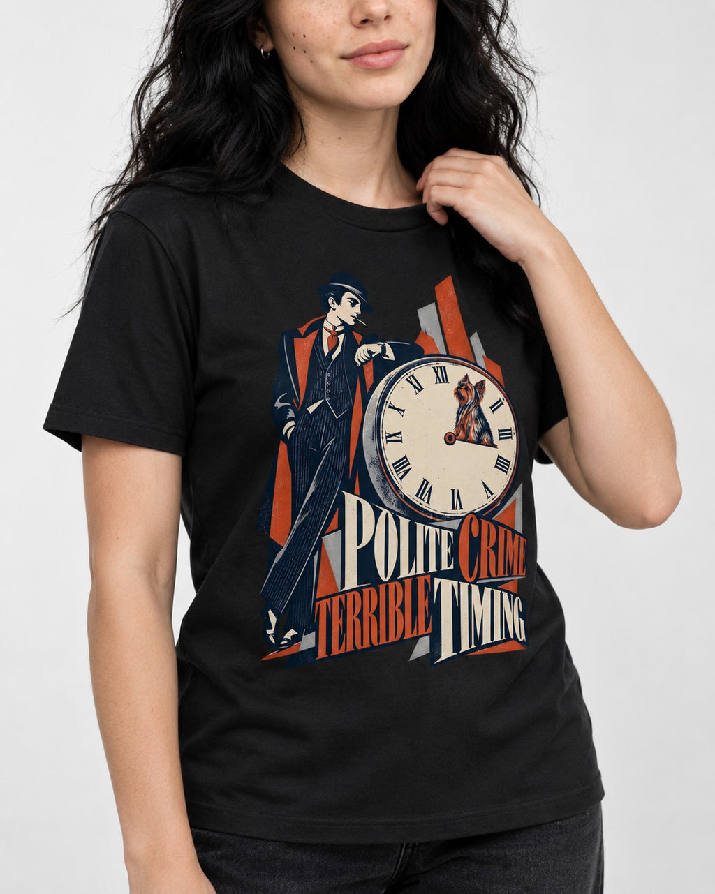 Yorkshire Terrier Polite Crime Terrible Timing Art Deco Clock Graphic T-Shirt in Black, worn by a model, front view