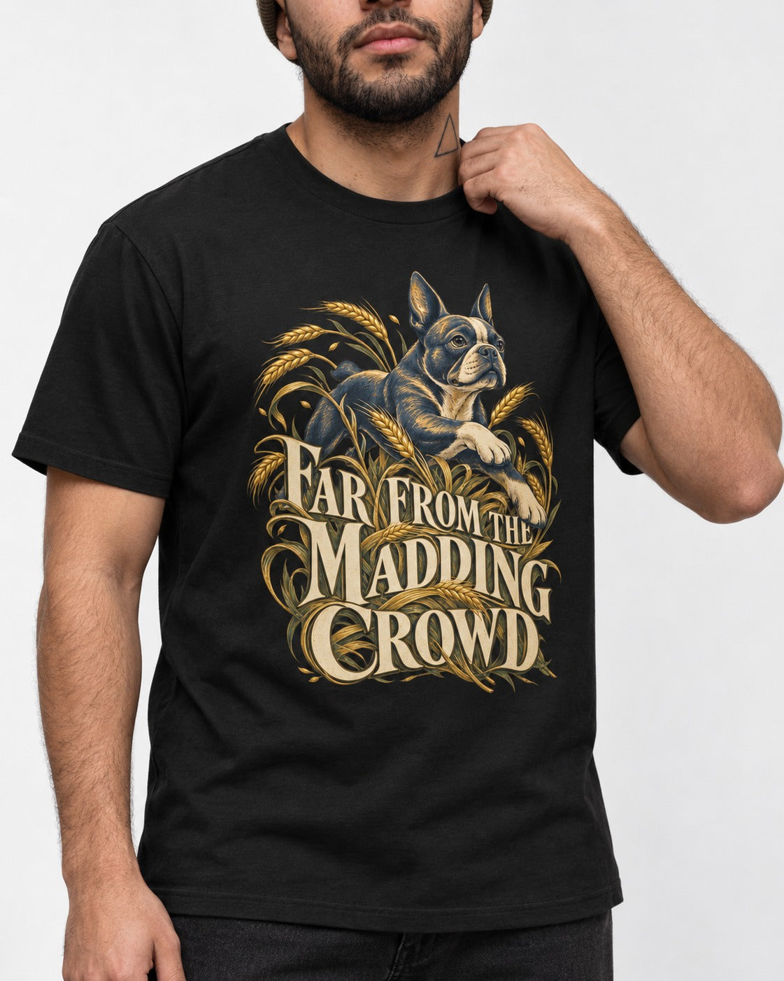 Far From the Madding Crowd Boston Terrier T-Shirt in Black, worn by a model, front view