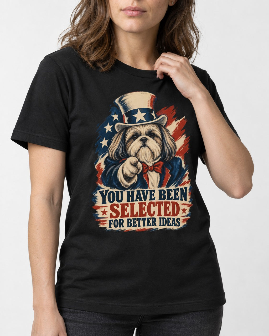 Shih Tzu You Have Been Selected Uncle Sam Graphic T-Shirt in Black, worn by a model, front view