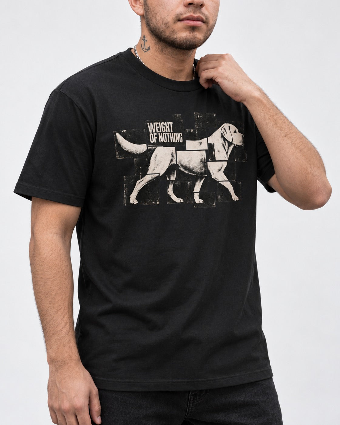 Labrador Retriever Weight of Nothing Fragmented Tile Graphic T-Shirt in Black, worn by a model, front view