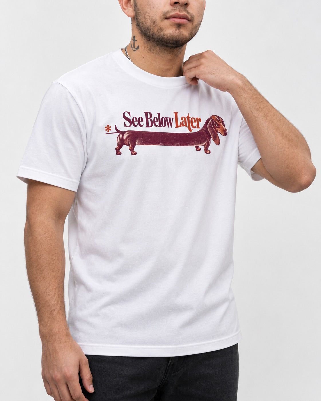 See Below Later Dachshund T-Shirt in White, worn by a model, front view
