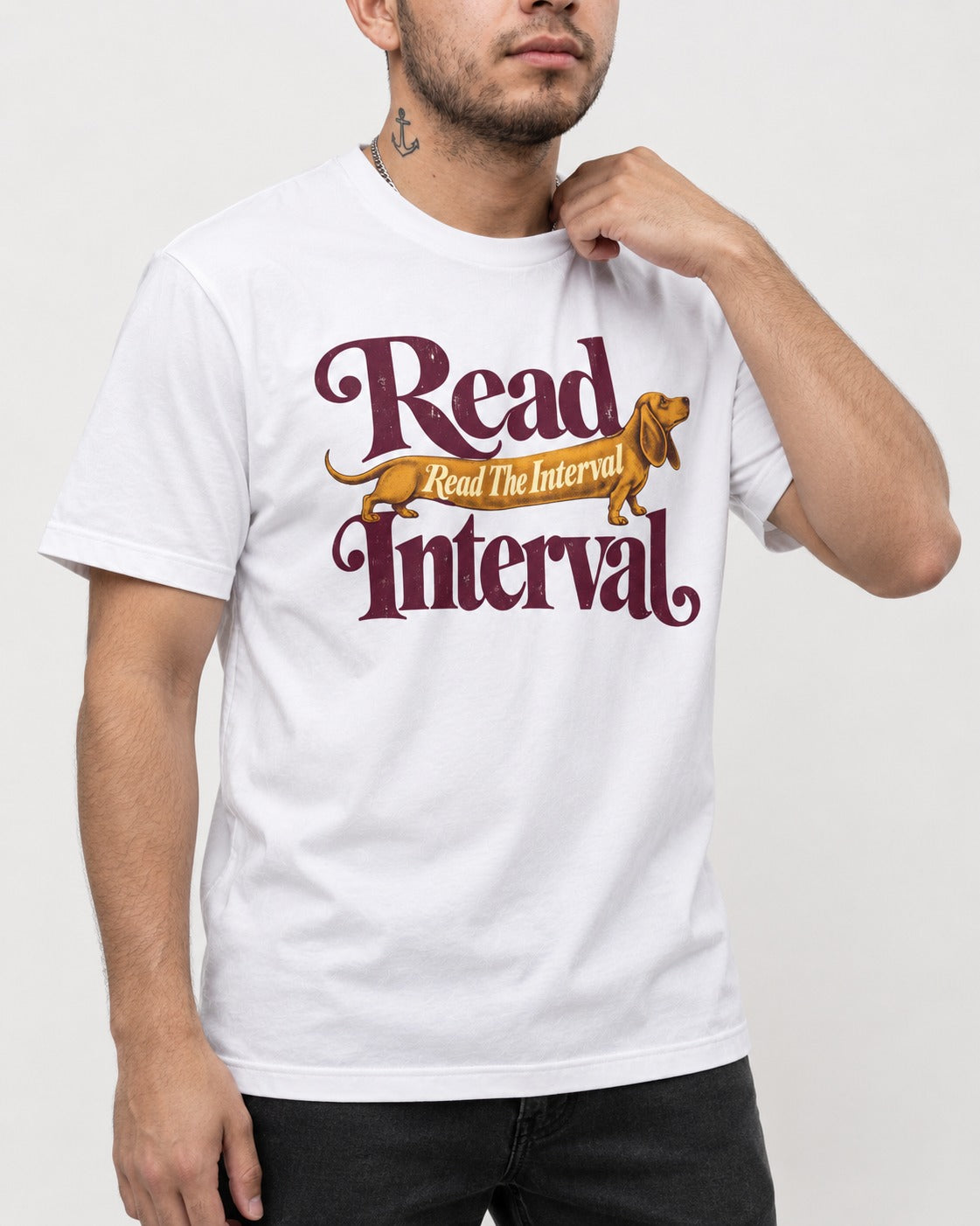 Read the Dachshund Interval T-Shirt in White, worn by a model, front view