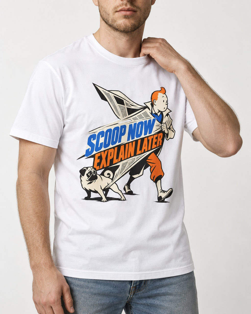 Pug Scoop Now Explain Later T-Shirt in White, worn by a model, front view