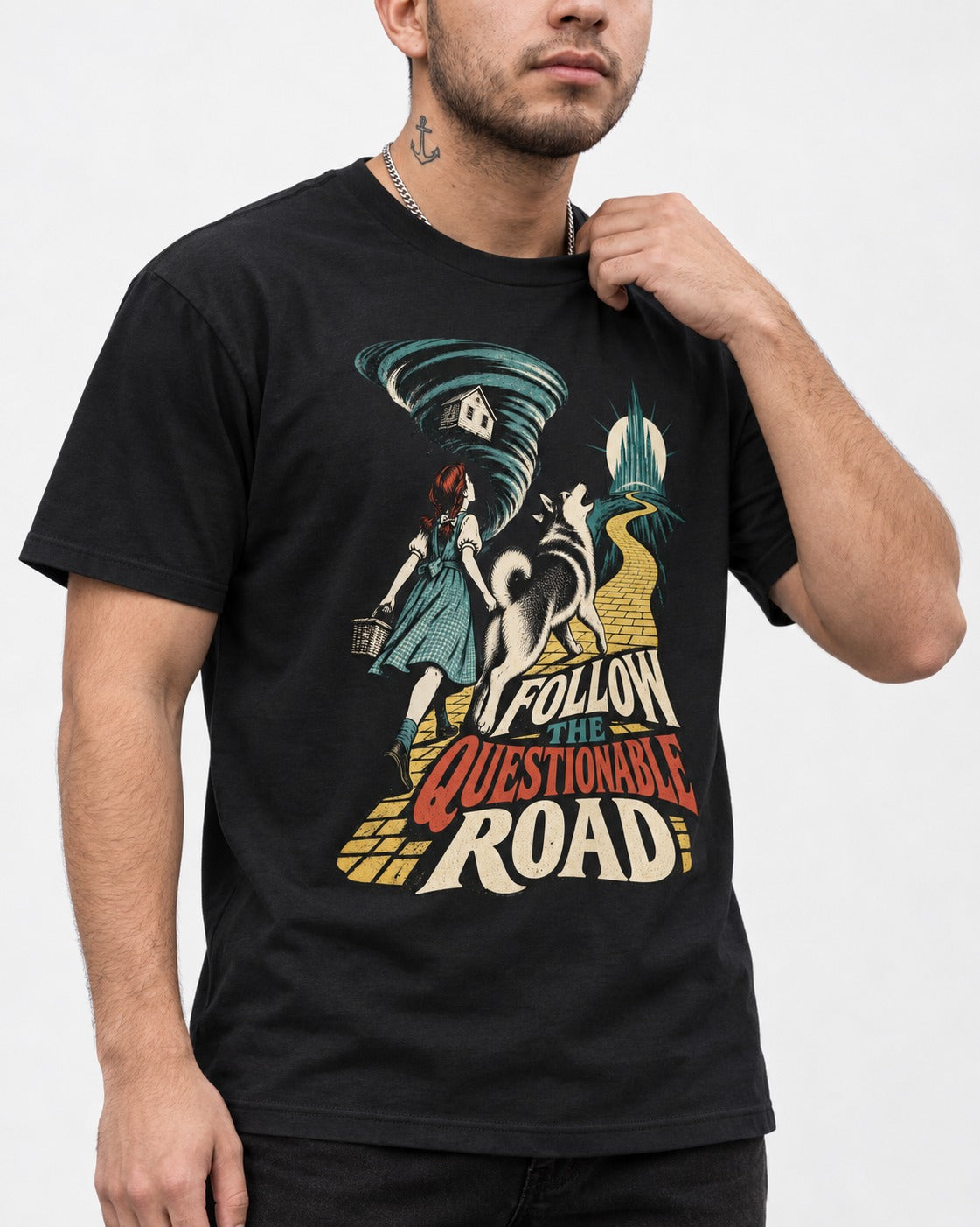 Husky Follow the Questionable Road Tornado Graphic T-Shirt in Black, worn by a model, front view