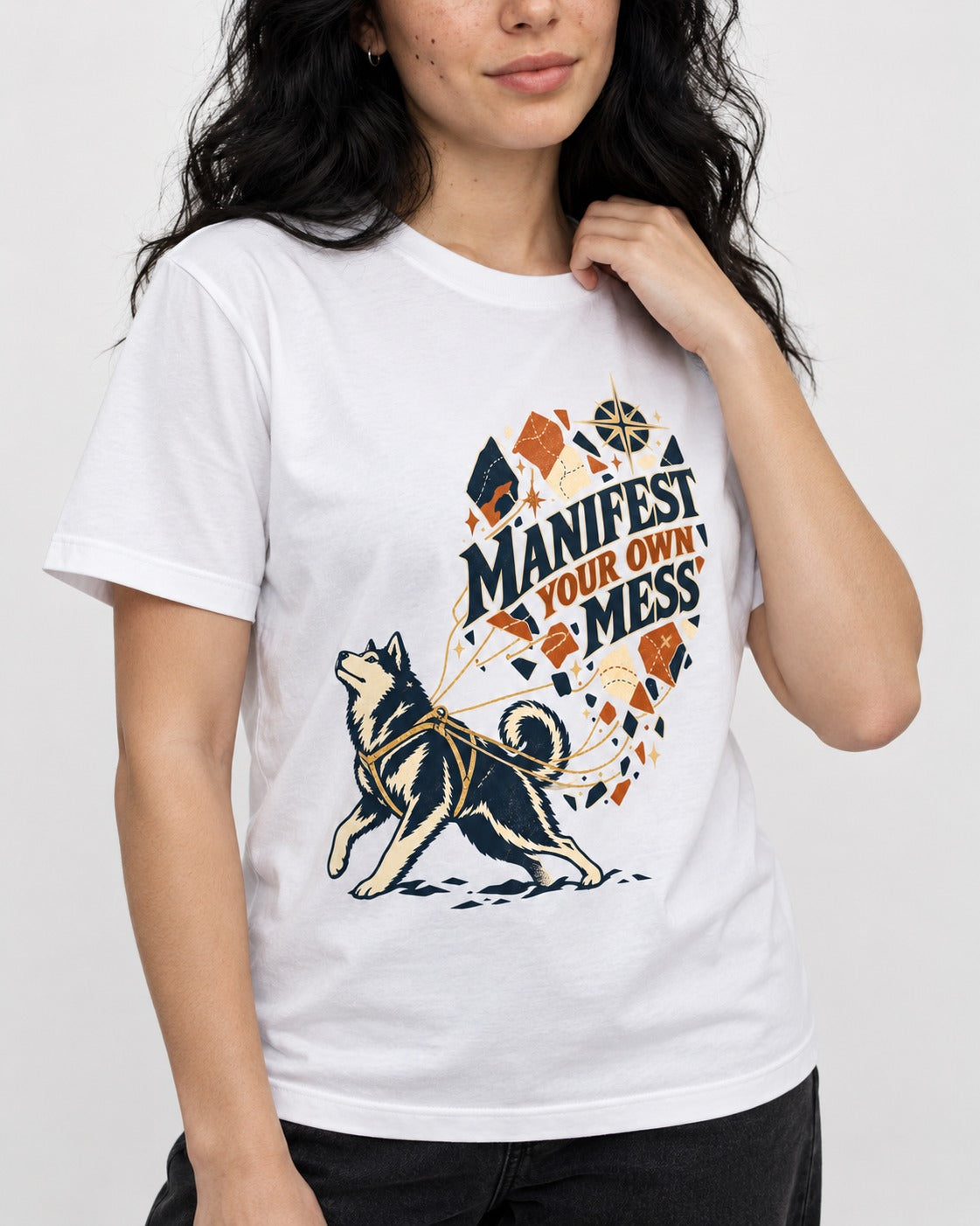 Husky Manifest Your Own Mess T-Shirt in White, worn by a model, front view
