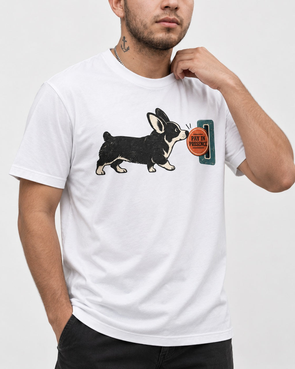 Corgi Pay in Presence T-Shirt in White, worn by a model, front view