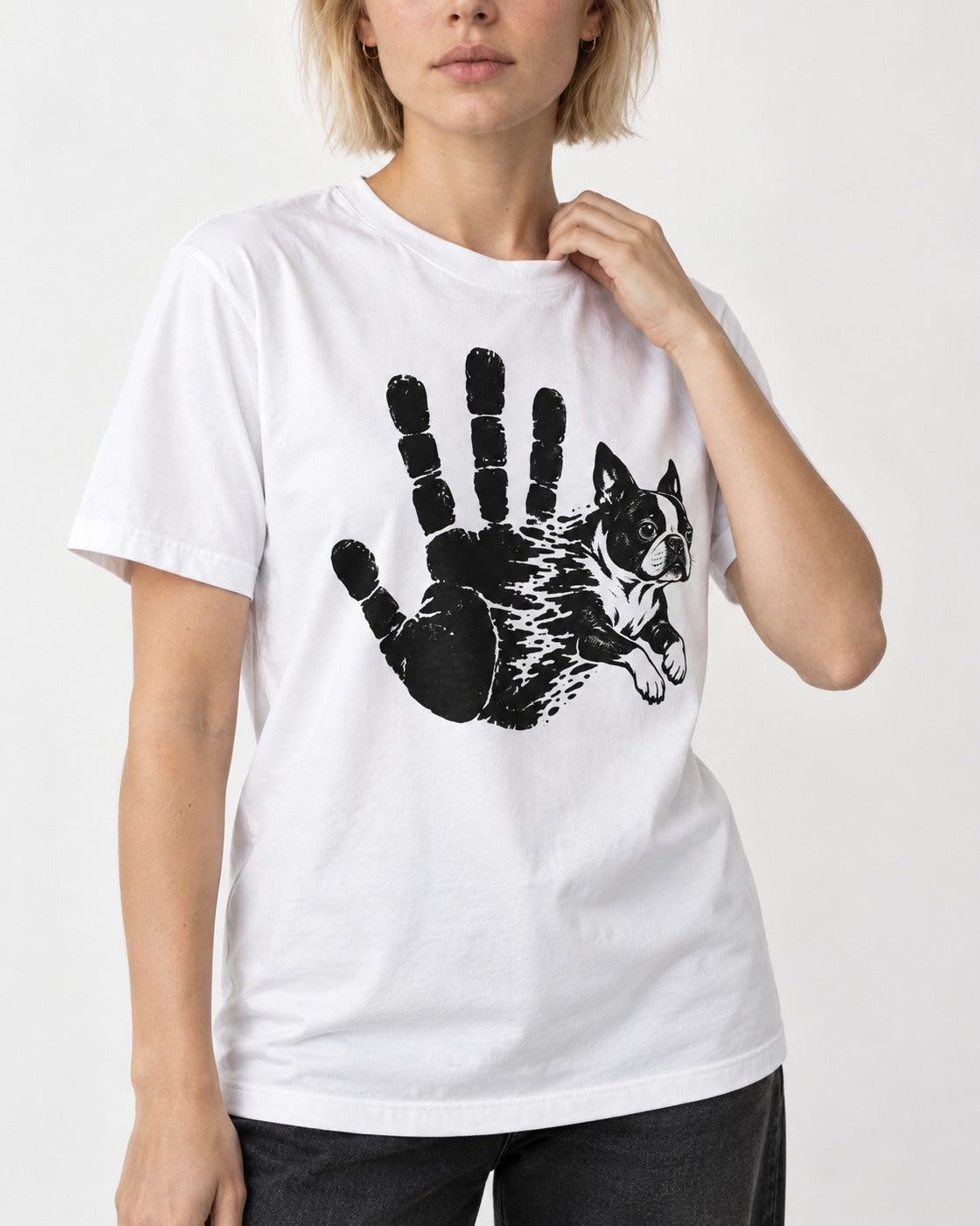 Boston Terrier High Five T-Shirt in White, worn by a model, front view