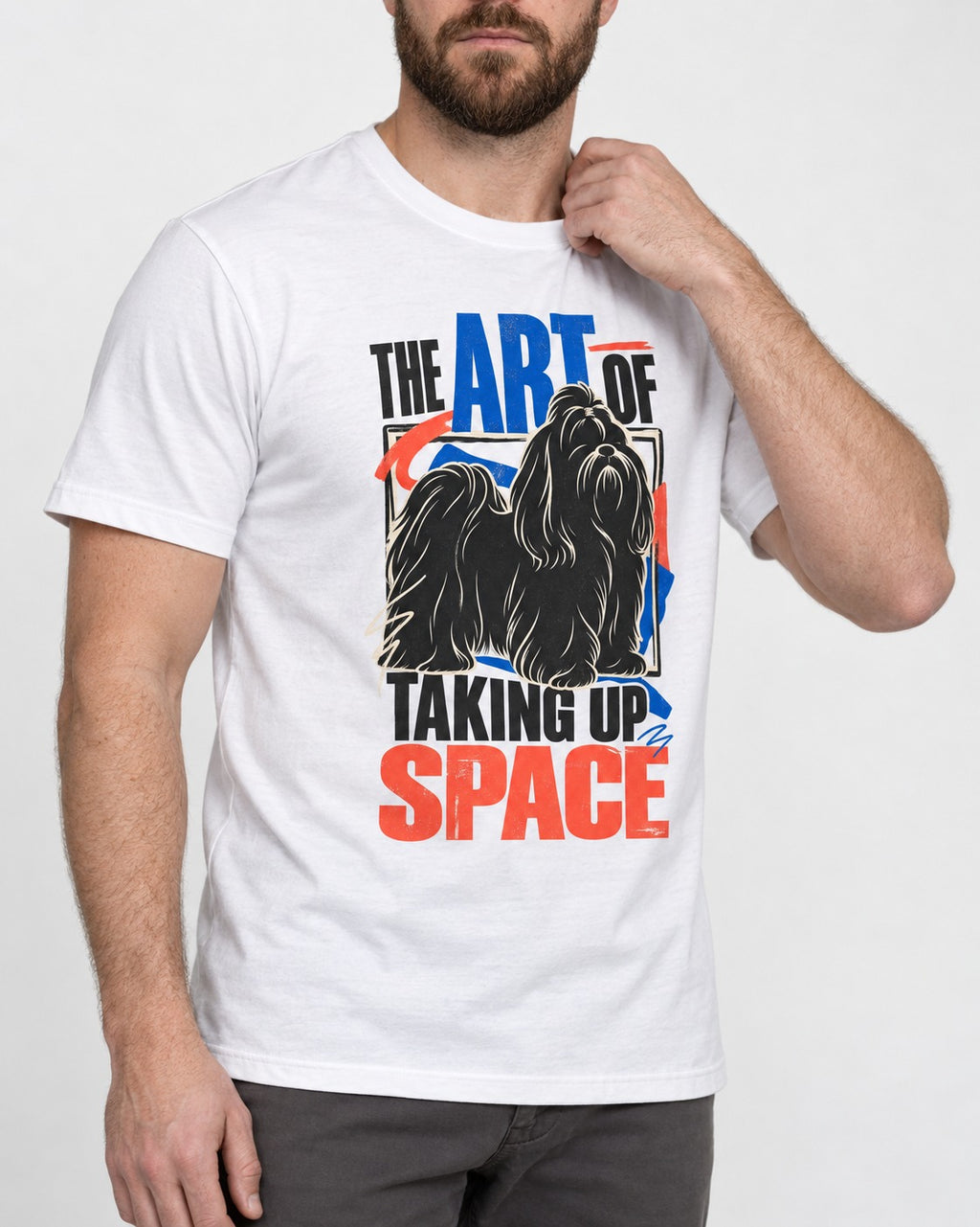 Shih Tzu Taking Up Space T-Shirt in White, worn by a model, front view
