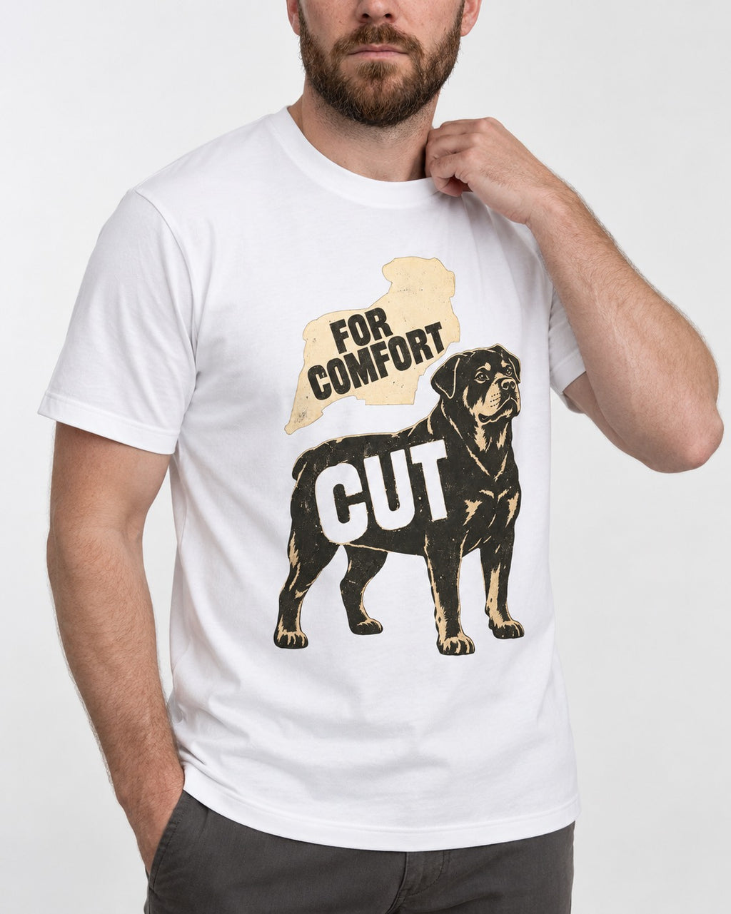 Rottweiler Cut for Comfort T-Shirt in White, worn by a model, front view